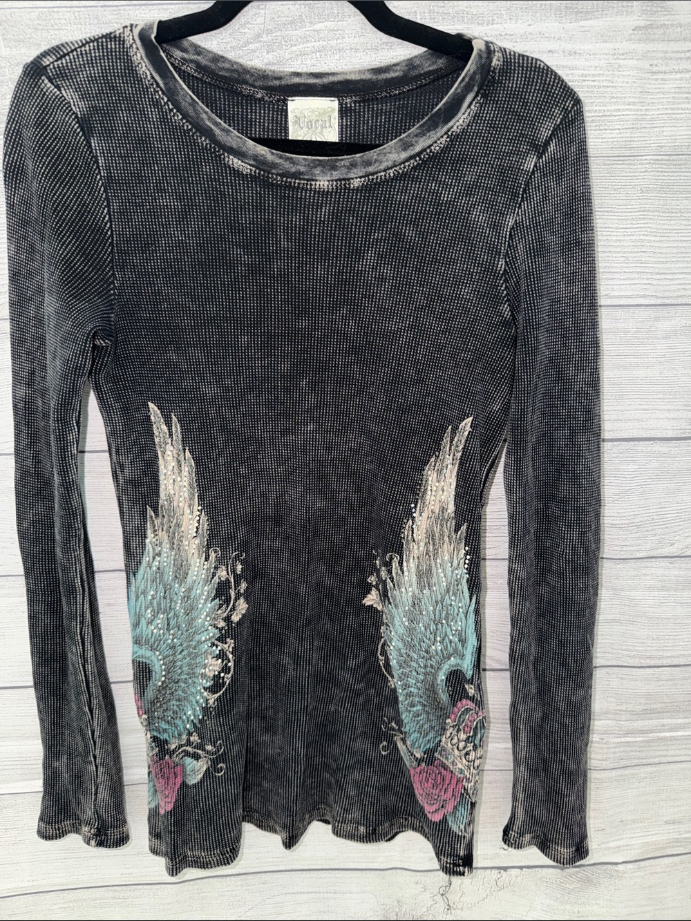 Vocal Black Washed Long-Sleeve Tunic Top with Blue Wing Graphics